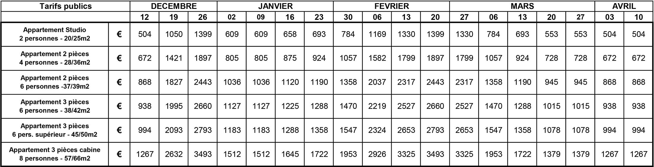 Résidence à VARS - Location Appartements au pied des pistes Grille tarifs